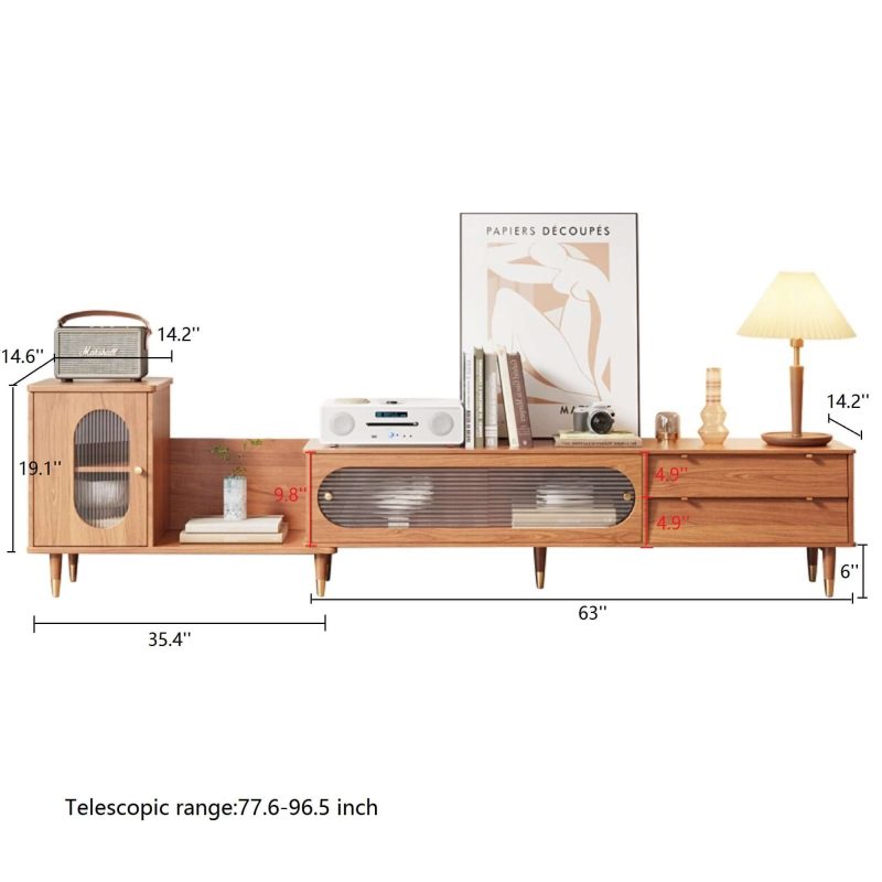 JASIWAY Rectangle Wood Extendable TV Stand with Bookshelf & Storage Drawers
