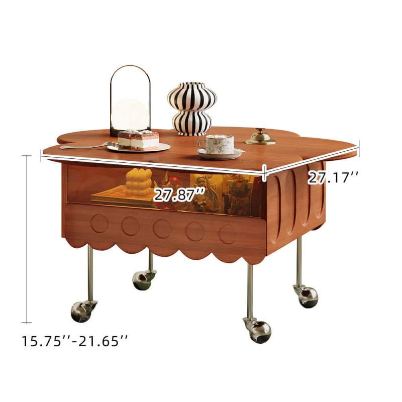 JASIWAY Retro Living Room Movable Coffee Table with Solid Wood Adjustable Petal Design