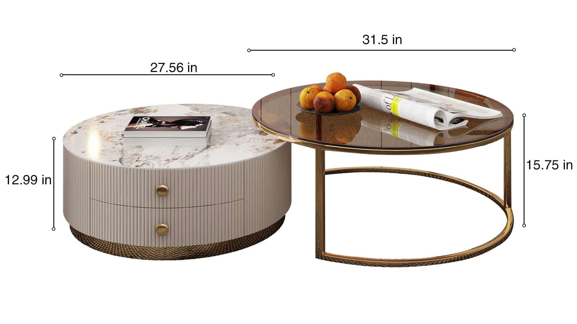 Dimension of Modern Round Coffee Table Set Sintered Stone with 2 Drawers & Metal Legs
