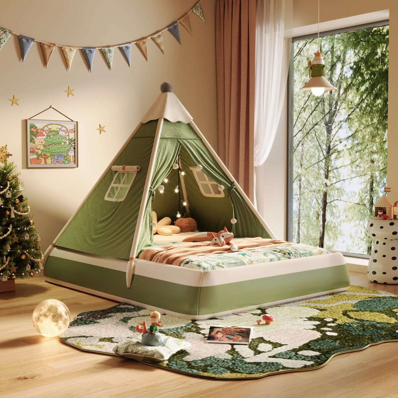 JASIWAY Christmas-Themed Upholstered Kids Tent Bed – Safe & Festive Play and Rest Space