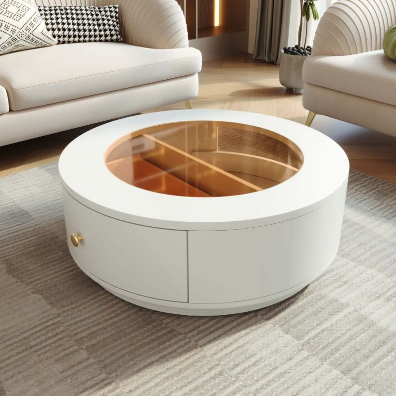 JASIWAY Luxury Glass Top Round Coffee Table with Drawers