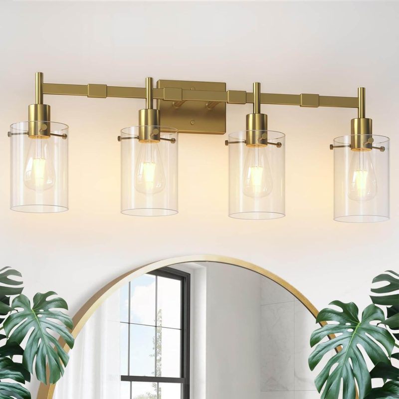 Amazon Bathroom Light Fixtures Large Size,3-Light Black and Gold Bathroom Vanity Lights,Modern Farmhouse,For Vanity Light Fixtures Over Mirror,For Wall Sconces Bedrooms Hallways Bathrooms,Clear Glass Shade