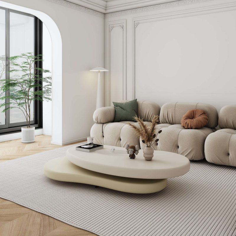 JASIWAY Minimalist Rotatable Coffee Table with Unique Oval Design - Off-white & Beige Elegance
