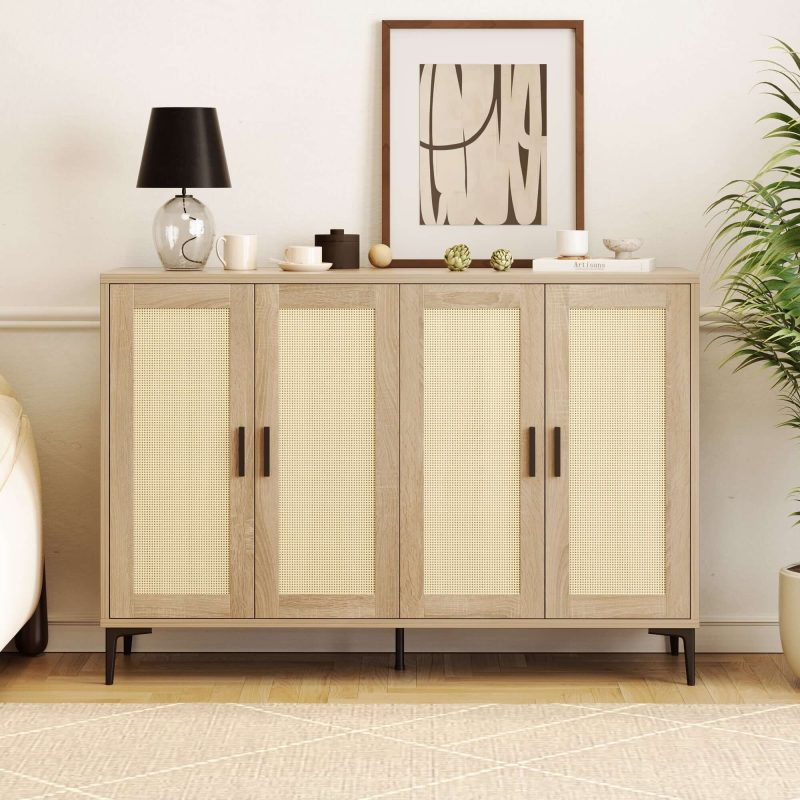 JASIWAY 48.42 Inch Sideboard Cabinet with Rattan Decorated 4-Doors