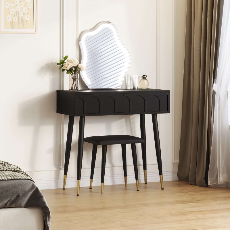 JASIWAY White Black 31.5in. Two Drawer Dresser with Mirror with Chair