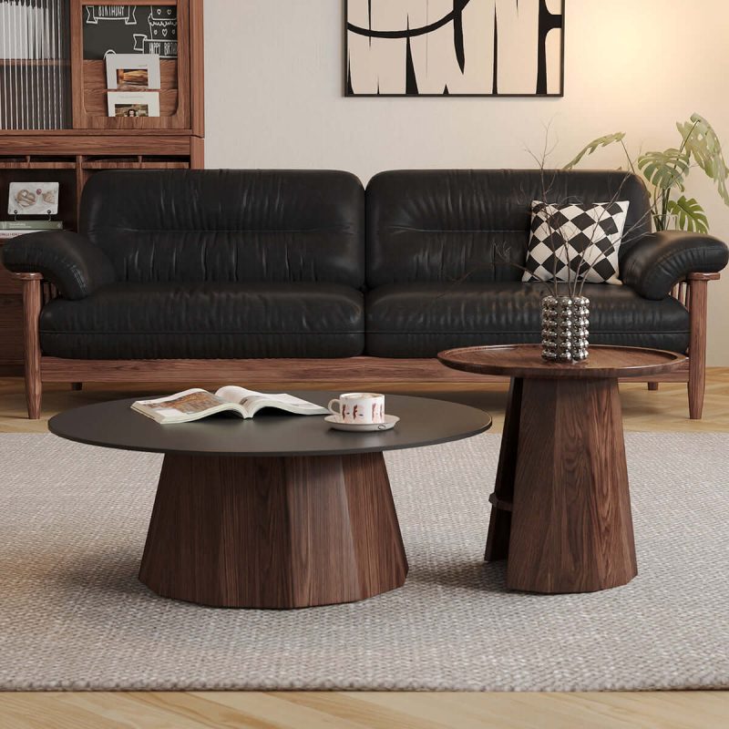 JASIWAY Round High-Low Combo Coffee Table Solid Wood Slate with Storage