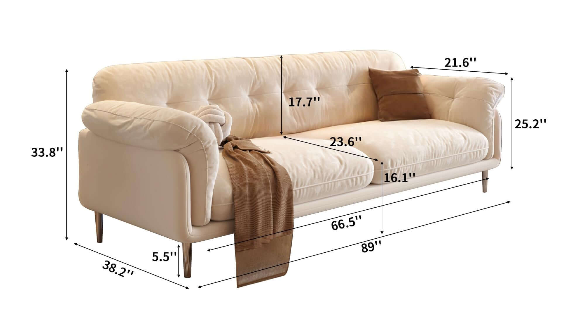 Dimension of Modern White 88.98" Living room Velvet Sofa with Stainless Steel Legs