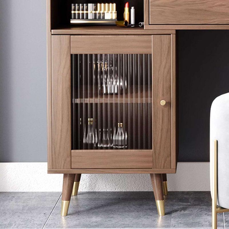 JASIWAY Coffee Brown Wooden Vanity Table with Side Cabinets Open Storage & Drawers