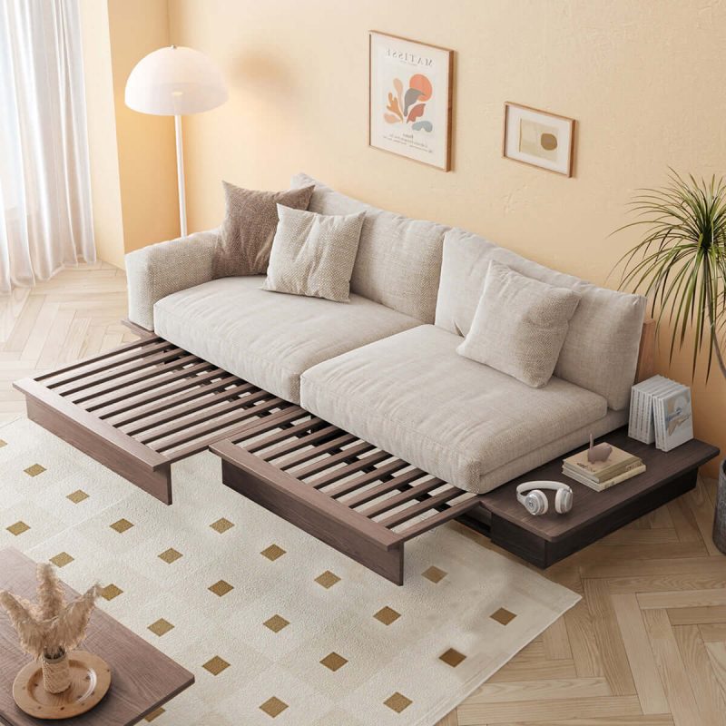 JASIWAY Modern Solid Wood Upholstered Cotton Linen Sofa Beige Folding sofa bed