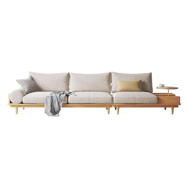 JASIWAY 116.3" Beige Cotton Linen 3-Seater Sofa Storage Fabric Sofa with Round Arm