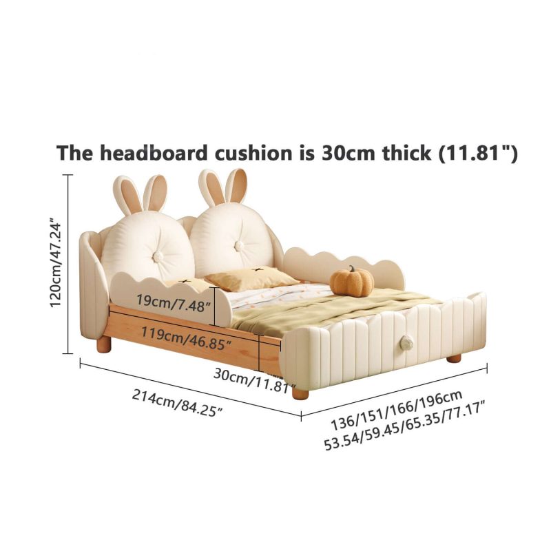 JASIWAY Solid Wood Kids Bed with Rabbit Cartoon Cushion & Guardrail