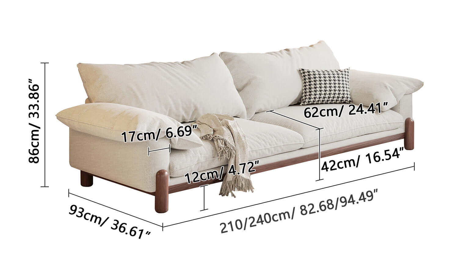 Dimension of Wooden Three-Seater Sofa with Armrests – Oversized Comfort and Style