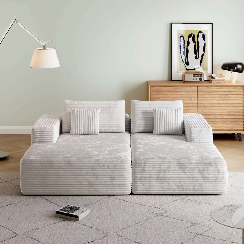 JASIWAY L-shape Beige Color Corduroy Sofa with Ottoman