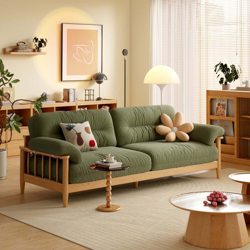 JASIWAY Japandi Solid Ash Wood Sofa Available in Cotton Linen, Corduroy & Cat-Scratch Fabric