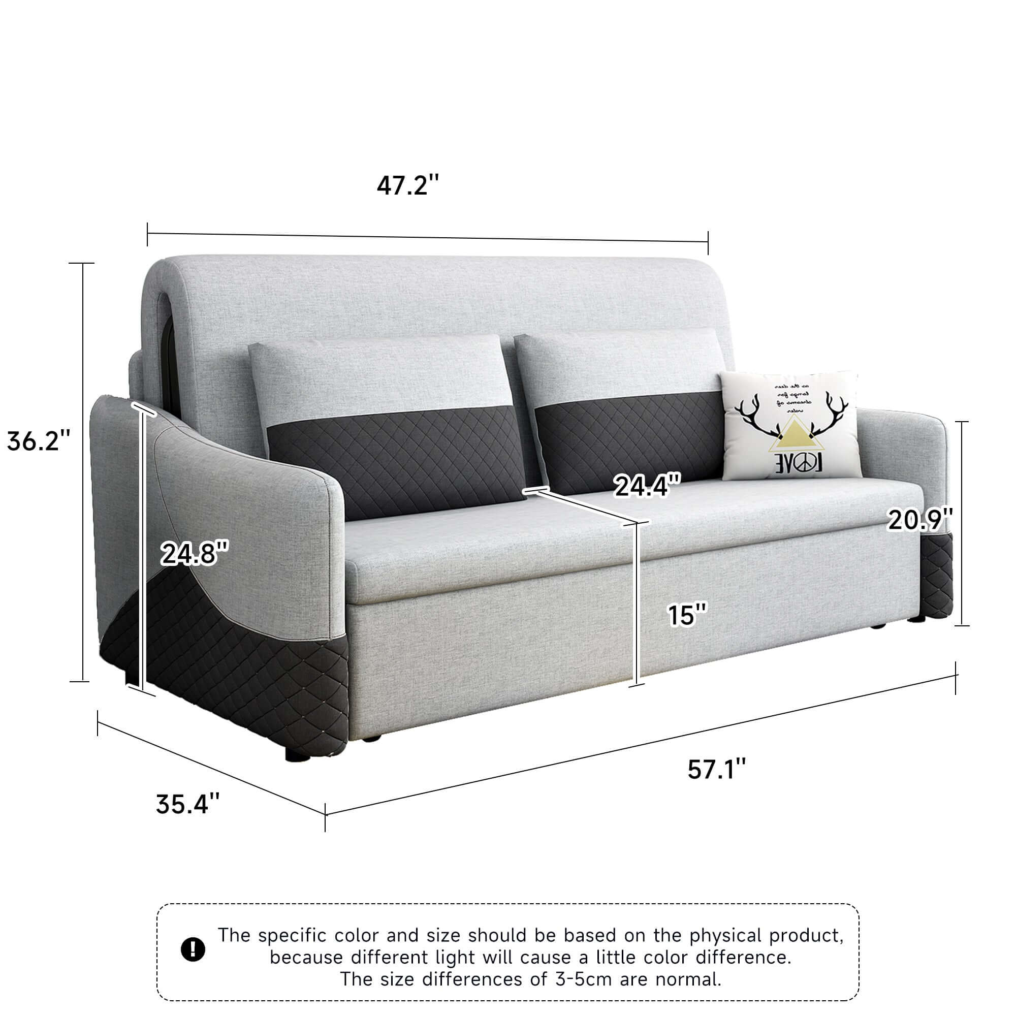 Dimension of Grey 3 in 1 Pull Out Couch Bed Cotton Linen with Storage Chaise