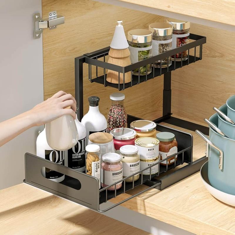 2 Pack 2-Tier Under Sink Organizers and Storage Sliding Cabinet BasketOrganizer with Hooks Multi-PurposeUnder Sink Organizers and Storagefor Bathroom Kitchen Racks Silicone