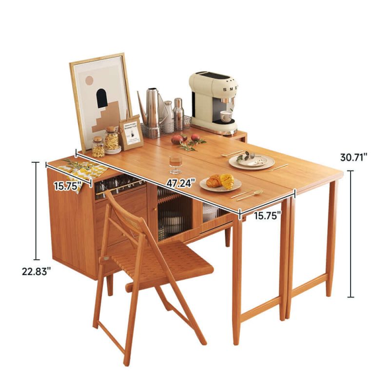 JASIWAY Folding Dining Table Sideboard in One with Glass Sliding Doors and Storage Drawers
