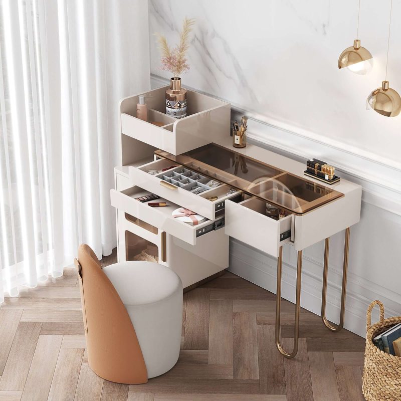 JASIWAY White Makeup Vanity Glass Tabletop Dressing Table with Open Storage Compartment & Drawers & Cabinet