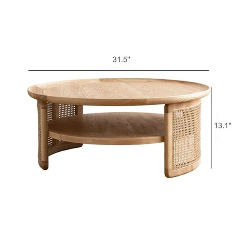 JASIWAY Solid Wood 2-Tiered Japandi Round Coffee Table with Rattan Base
