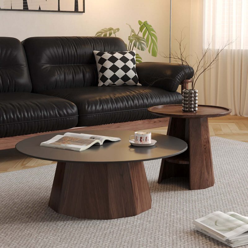 JASIWAY Round High-Low Combo Coffee Table Solid Wood Slate with Storage