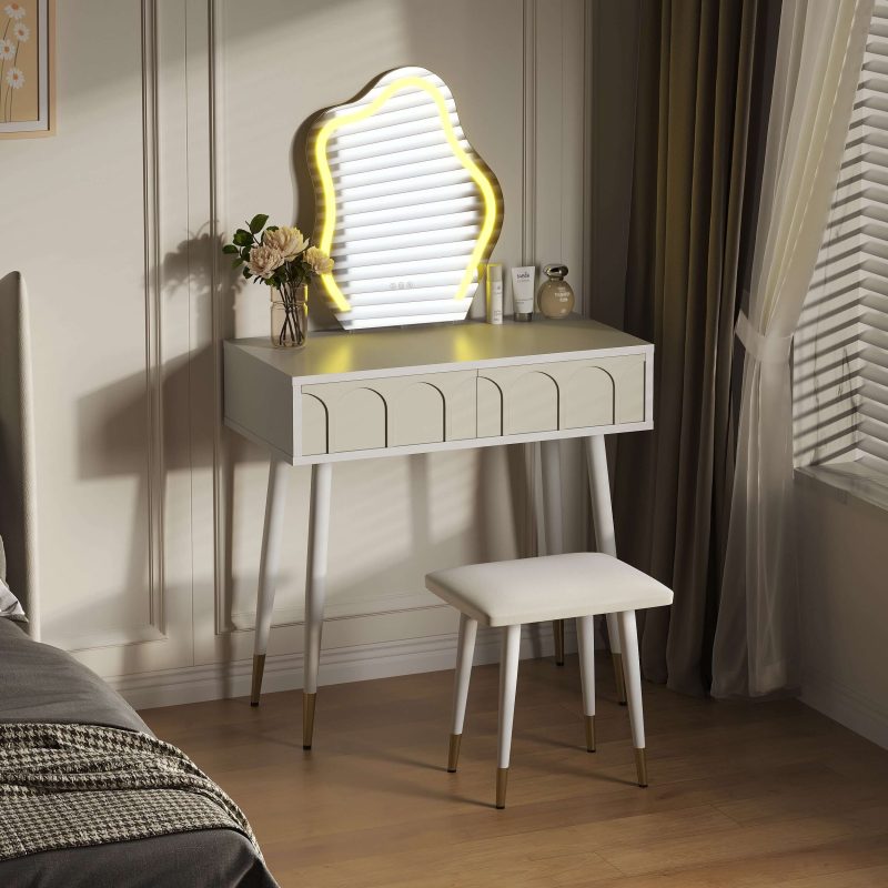 JASIWAY White Black 31.5in. Two Drawer Dresser with Mirror with Chair