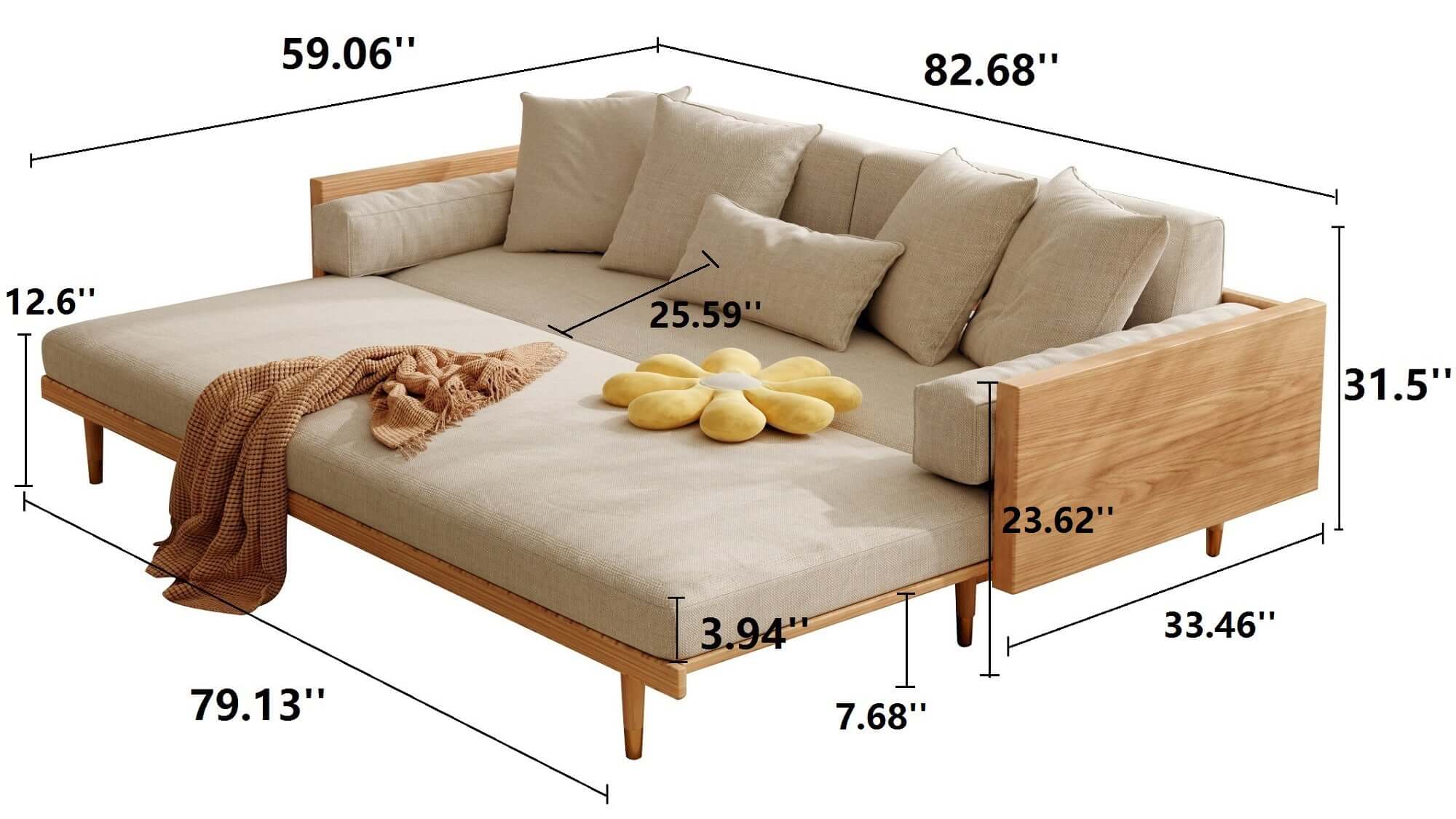 Dimension of 82.68 Inches Modern Retractable Solid Wood Sleeper Sofa Bed