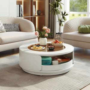 JASIWAY Luxury Glass Top Round Coffee Table with Drawers