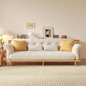JASIWAY Beige Upholstered Sofa in Cotton Linen Fabric Solid Wood Frame