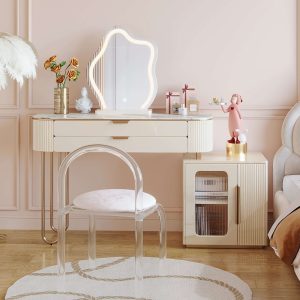 JASIWAY Modern White Makeup Vanity Table with LED Lighted Mirror & Cabinet