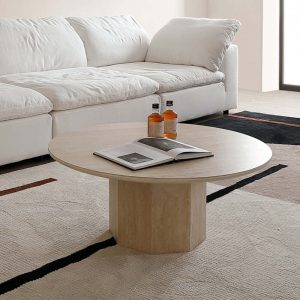 JASIWAY Japandi Round Coffee Table - Beige Travertine & Premium Wood
