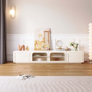 JASIWAY Rectangle Beige 78.7" TV Stand with 4 Doors & Storages
