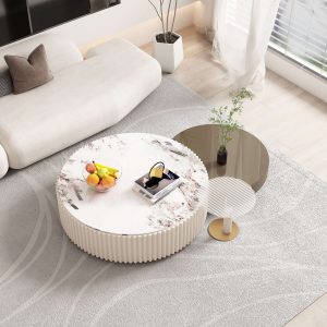 JASIWAY White & Grey Nesting Coffee Table Set of 3 with Storage & Stone Top