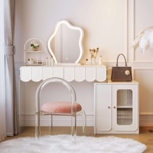 JASIWAY Modern White Makeup Vanity with Drawers & Side Cabinet