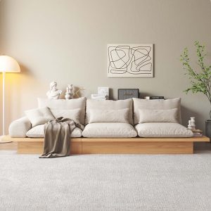 JASIWAY Cotton Linen Beige Sofa With Wood Frame & Storage Underneath
