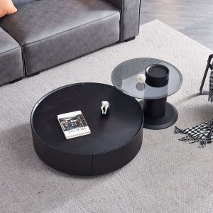 JASIWAY Black & Grey Round Nesting Coffee Table Set with Storage & Tempered Glass