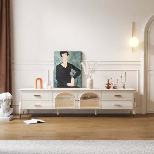 JASIWAY Modern Beige TV Stand Glass Door Media Console with LED Light & 4 Drawers Storage