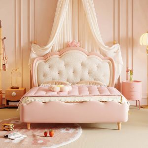JASIWAY Modern Cream Style Wooden Kids Princess Bed in Pink & White