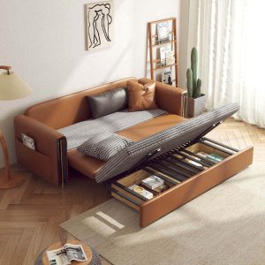 JASIWAY Brown Convertible Sofa Comfortable Leather Sleeper Sofa with Storage