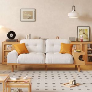 JASIWAY Japandi Wooden Base Sofa with Integrated Cat Den