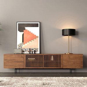 JASIWAY Minimalist TV Stand Slatted Media Console with 4 Doors Storage