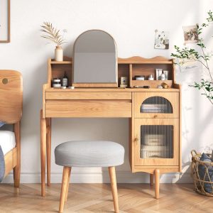 JASIWAY Wooden Makeup Vanity Table with Dressing Mirror & Drawers & Side Cabinet