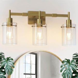 Amazon Bathroom Light Fixtures Large Size,3-Light Black and Gold Bathroom Vanity Lights,Modern Farmhouse,For Vanity Light Fixtures Over Mirror,For Wall Sconces Bedrooms Hallways Bathrooms,Clear Glass Shade
