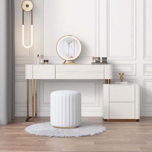 JASIWAY Beige Makeup Vanity Drawers Dressing Table Set with Stool and Mirror