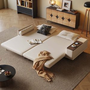 JASIWAY Modern Minimalist Folding Sofa bed with Reversible Armrests & Adjustable Side Table