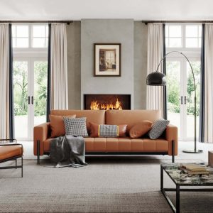 JASIWAY 86.6" Brown Modern style sofa bed Leather Loveseat with Square Arm