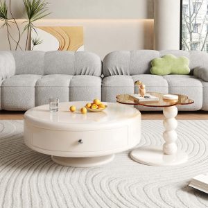 JASIWAY Round Rotating Nesting Coffee Table Set of 2 Tea Glass Side Table with 2 Drawers