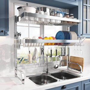 Over Sink Dish Drainer Drying Rack 3-Tier 304 Stainless Steel Large Dish Racks Sliver 25.5"-35.5"