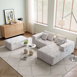 JASIWAY L-shape Beige Color Corduroy Sofa with Ottoman