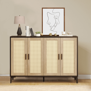 JASIWAY 48.42 Inch Sideboard Cabinet with Rattan Decorated 4-Doors
