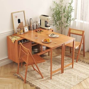 JASIWAY Folding Dining Table Sideboard in One with Glass Sliding Doors and Storage Drawers
